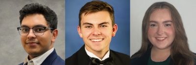 Three separate headshots of students in formal business wear. The center student is on a blue backdrop, while the other two are set on grey.
